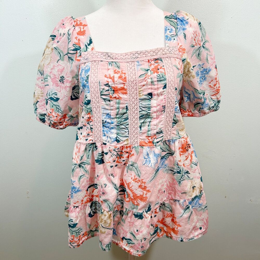 Loft 100% Cotton Pink Floral Peplum Lace Puff Sleeve Top Size XS Cottagecore